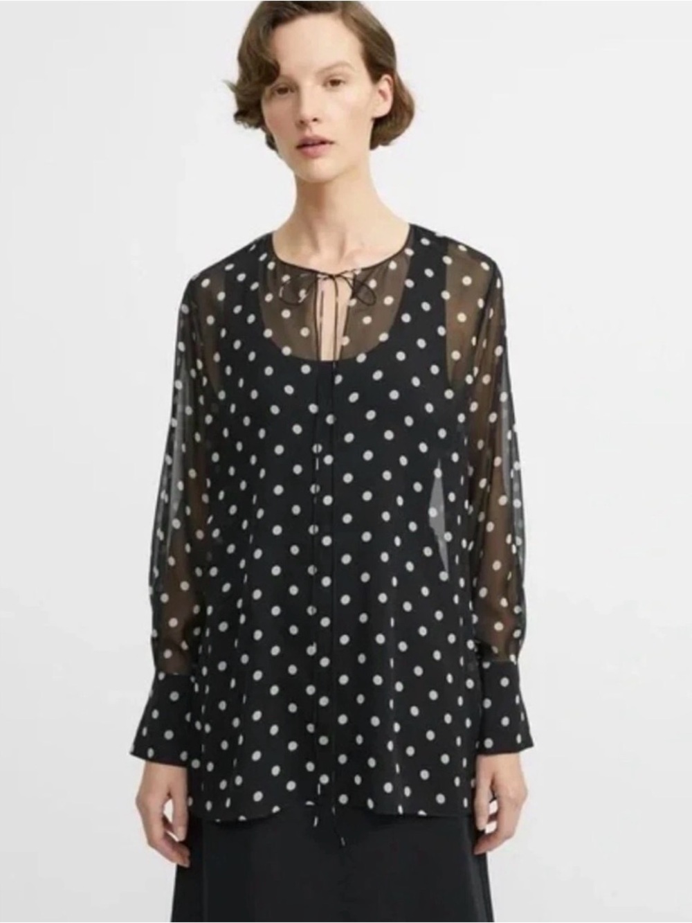EUC SZ L Theory Silk Black and Cream Polka Dot Tie Blouse